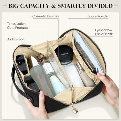 MSTONAL Travel Makeup Bag, Large Capacity Cosmetic Bags for Women, Waterproof Portable Pouch Open Flat Make up Organizer Bag with Dividers and Handle, Toiletry Bag for Essentials, Medium Size, Black - Image 2