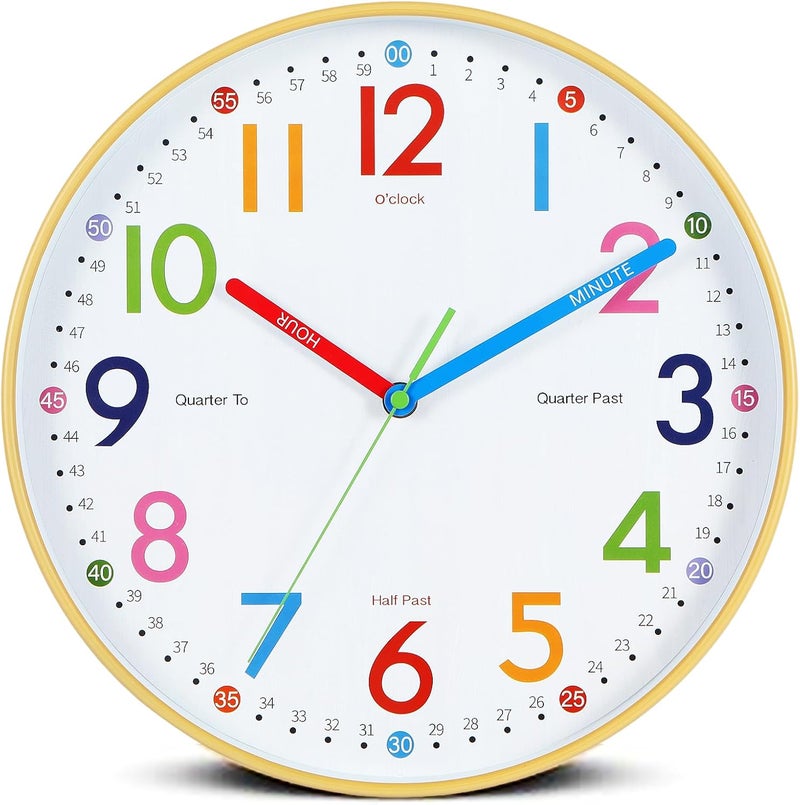 Nbdeal 12inch Learning Clock for Kids, Teaching Clock Kids Analog Colorful bedrooms Wall Clock Wood Grain Color ET-H4897 - Image 1
