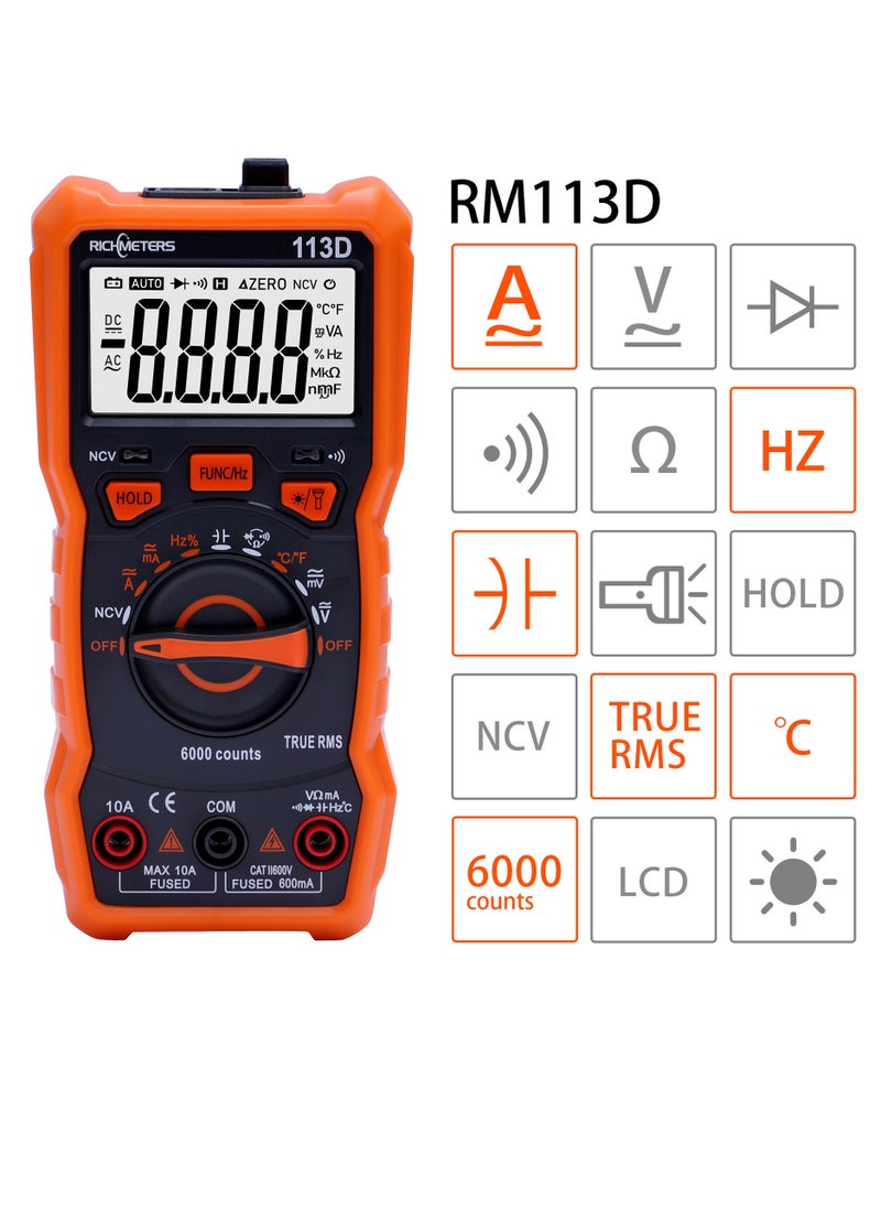 RICHMETERS - RM113D NCV Digital Multimeter 6000 Counts Auto Ranging AC/DC Voltage Temperature Measuring Meter Flash Light Backlight Large Screen with Magnetic Suction - Image 1