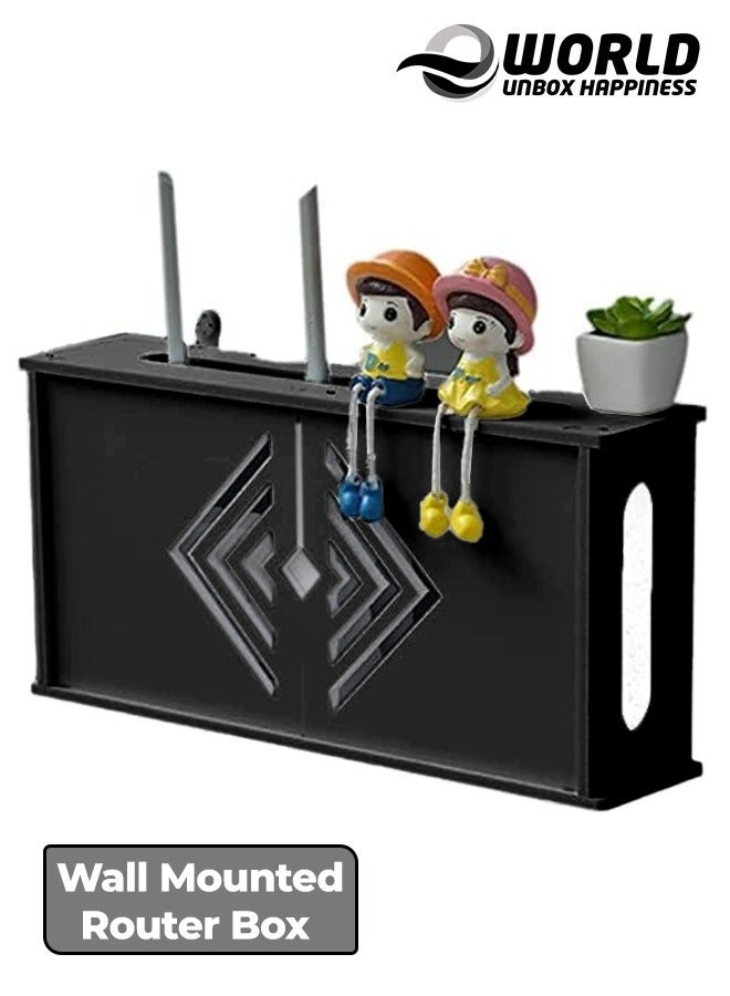 Eworld Stylish Wall-Mounted Router Rack for Wi-Fi Router, Set-Top Box, Light Cat Box, and More, Includes Doors and Patch Panel Shielding Box for Neat Storage, Black - Image 1