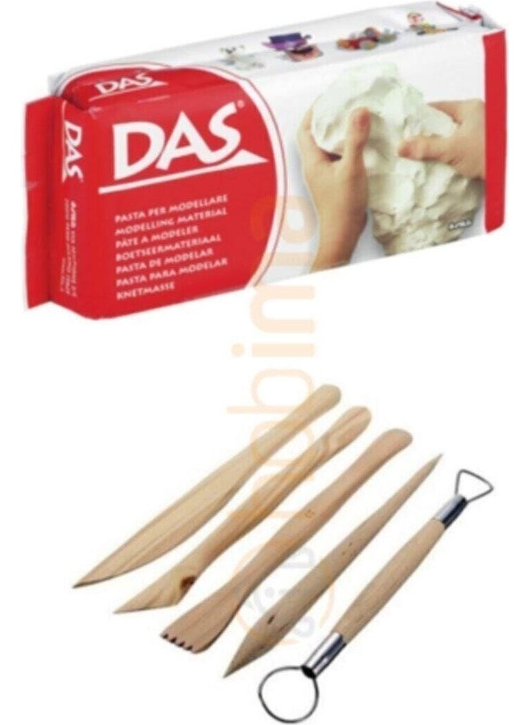 DAS White Ceramic Clay 500 gr Modeling Pen Ebeşuar 5 Piece Wooden Set H.s Seramik -WHITE500GR-MOD 