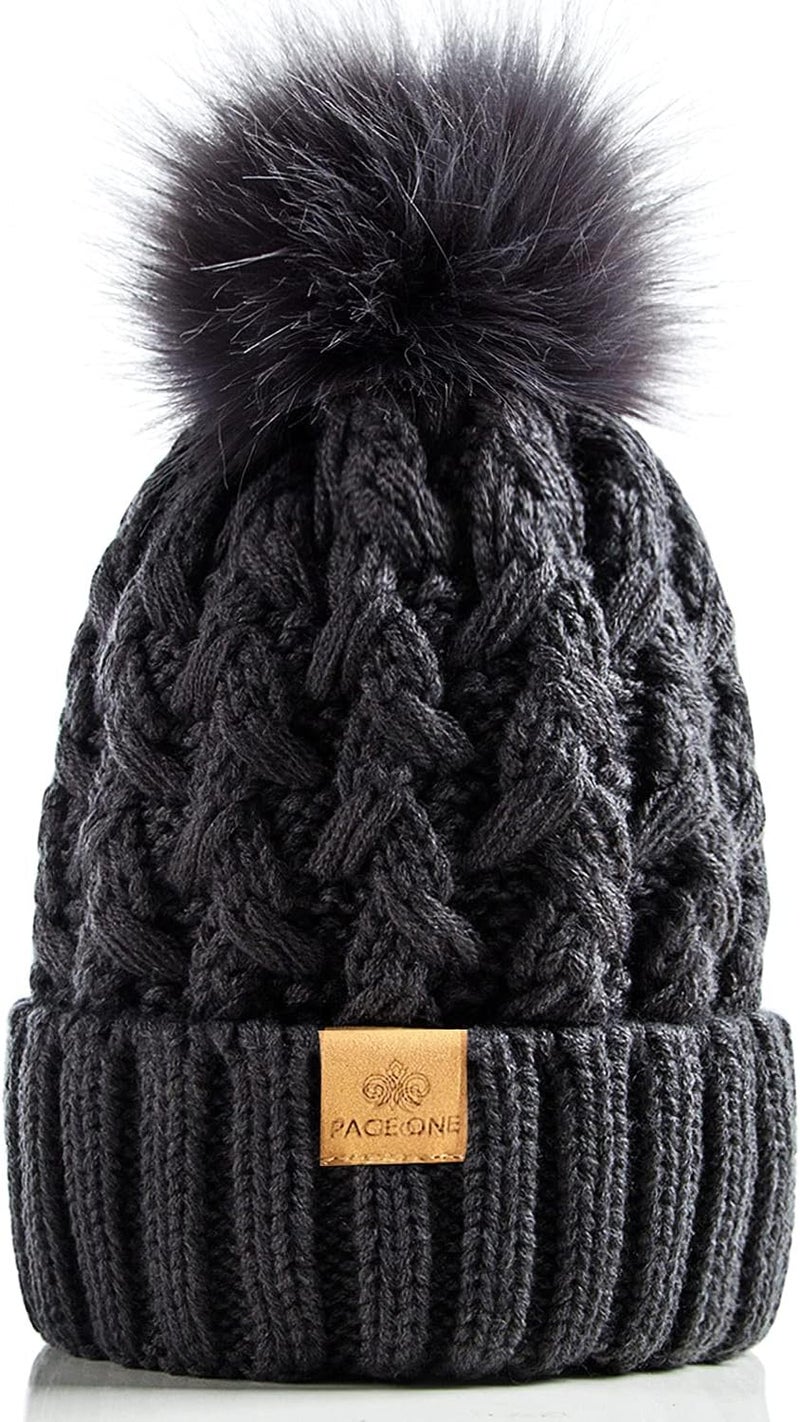 PAGE ONE Womens Winter Ribbed Beanie Crossed Cap Chunky Cable Knit Pompom Soft Warm Hat - Image 1