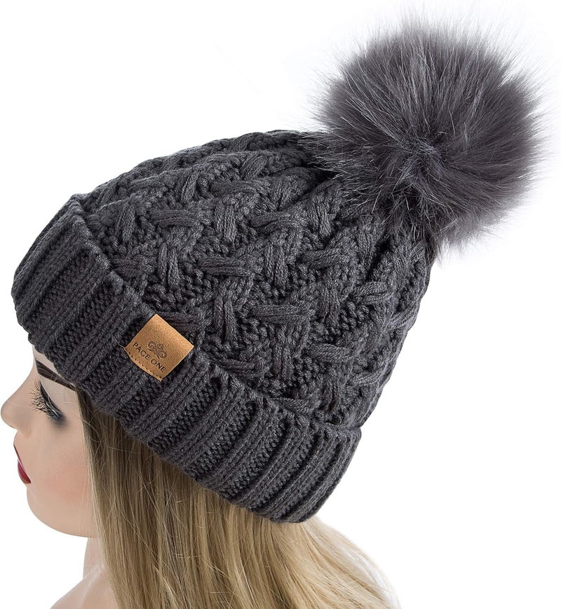 PAGE ONE Womens Winter Ribbed Beanie Crossed Cap Chunky Cable Knit Pompom Soft Warm Hat - Image 3