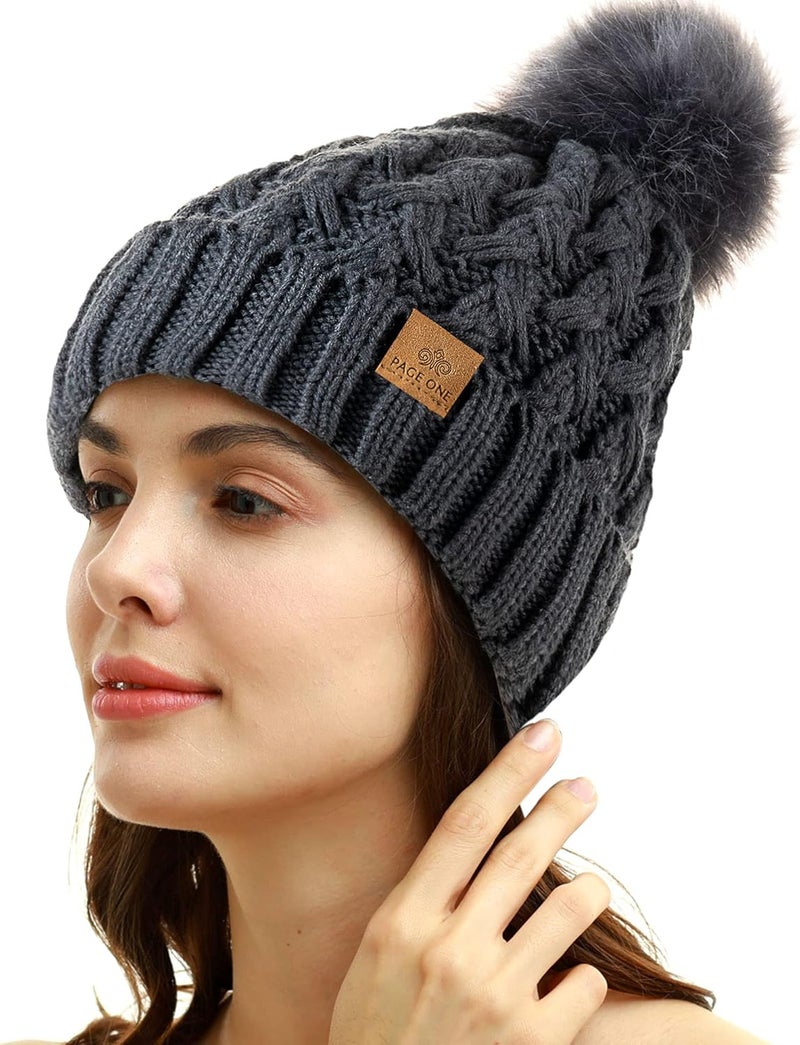 PAGE ONE Womens Winter Ribbed Beanie Crossed Cap Chunky Cable Knit Pompom Soft Warm Hat - Image 2