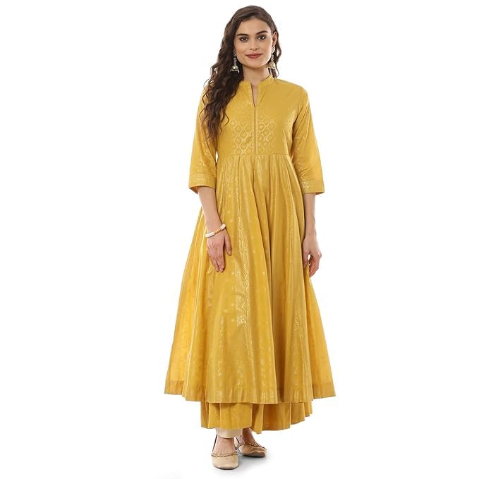 Biba Women Ochre Cotton Flared Fusion Printed Dress_46 Yellow - Image 1