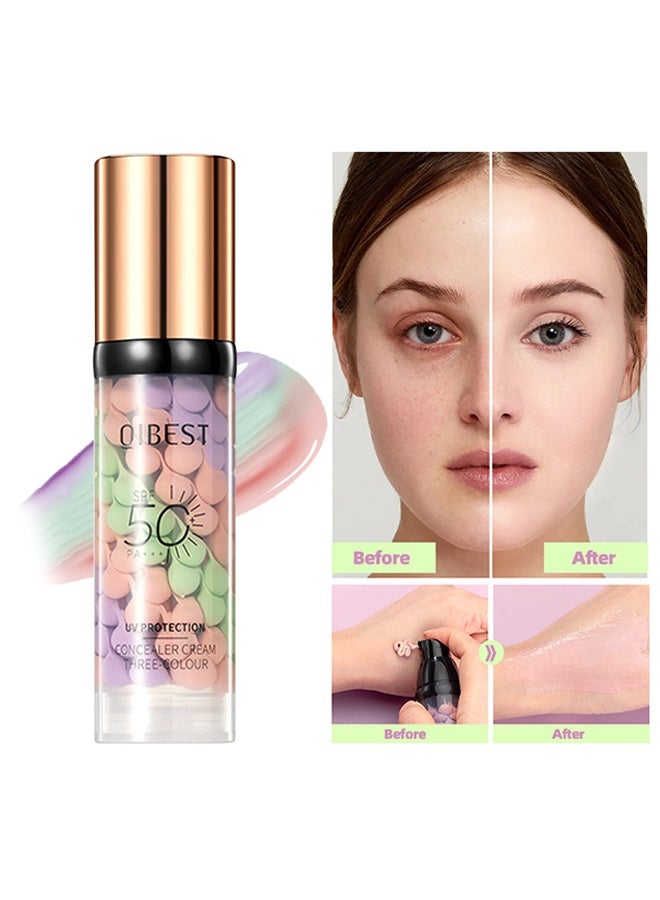 كيو آي بست كريم خافي العيوب ثلاثي الألوان، أساس للوجه 3 في 1 قبل المكياج، واقٍ من الشمس SPF 50 ومصحح ألوان، قاعدة مكياج مرطبة طويلة الأمد، ينعم الخطوط الدقيقة، يتحكم في الزيوت، يصحح لون البشرة، يقلل ظهور المسام، خفيف الوزن لتصغير المسام - Image 1