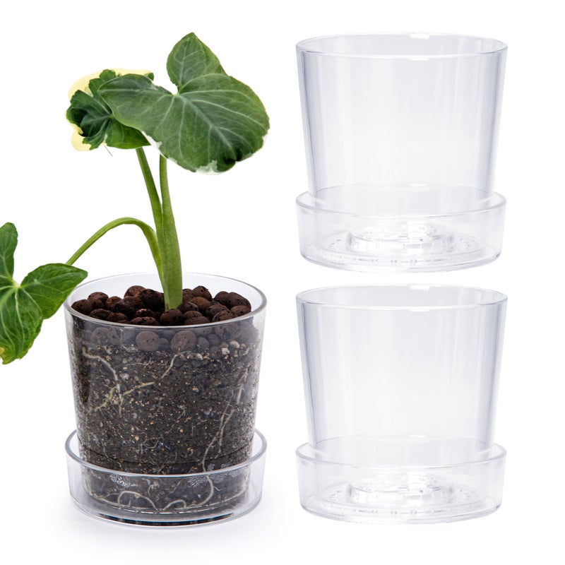 Phoenix Vine 45 Inch Clear Acrylic Planter Pot with Tray Orchid Pot with Drainage Holes Deep Saucer for Bottom Watering Transparent Containers for Indoor Plants Herbs Set of 3 91AE3