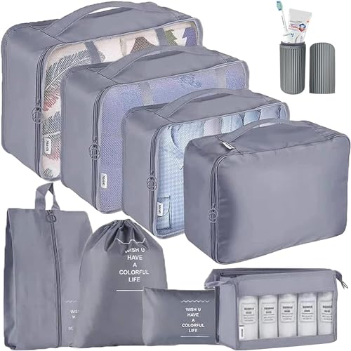 Oceanevo 9 Pcs Packing Cubes, Travel Luggage Organizer for Men and Women, Toiletry Bag, Packing Cubes for Travel With Tooth Brush Holder- Set of 9 - Grey - Image 1