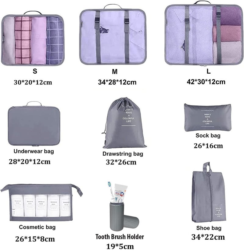 Oceanevo 9 Pcs Packing Cubes, Travel Luggage Organizer for Men and Women, Toiletry Bag, Packing Cubes for Travel With Tooth Brush Holder- Set of 9 - Grey - Image 2