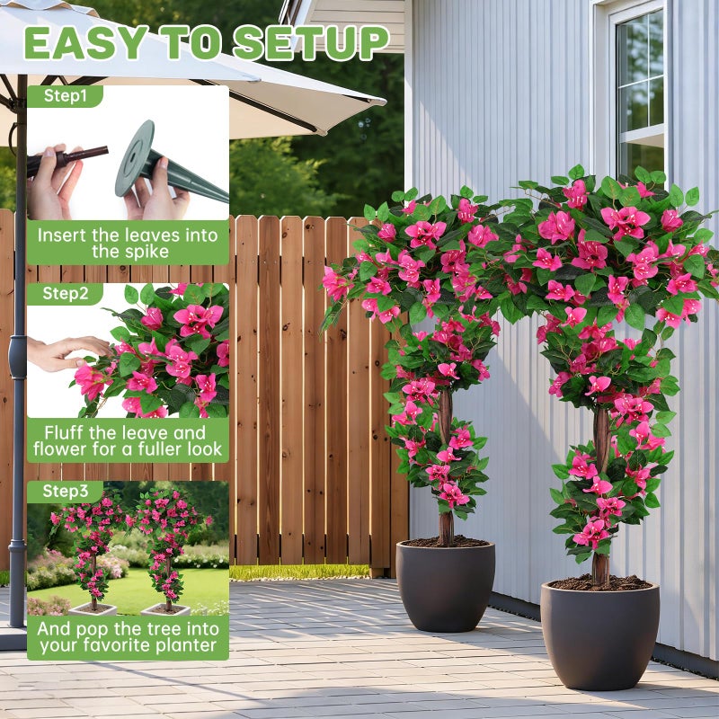Grooy 2Pack 4FT Artificial Bougainvillea Topiary Trees for Outdoor, Fake Silk Flowers Plants Bushes with Ground Spike, Faux UV Resistant Shurbs Trees for Outside,Front Porch,Patio,Balcony Decor - Image 4