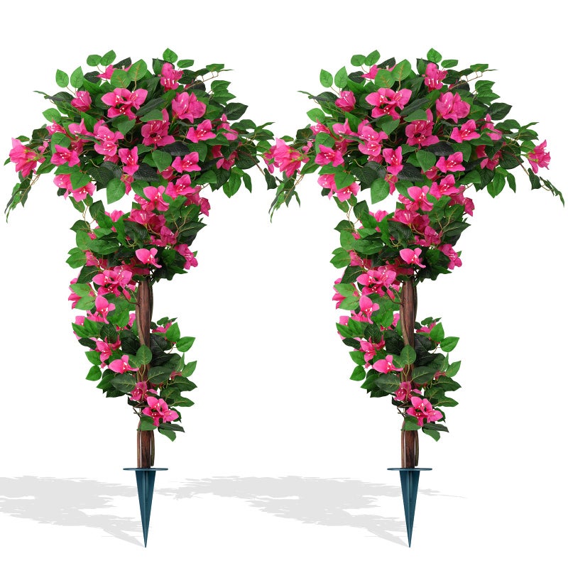 Grooy 2Pack 4FT Artificial Bougainvillea Topiary Trees for Outdoor, Fake Silk Flowers Plants Bushes with Ground Spike, Faux UV Resistant Shurbs Trees for Outside,Front Porch,Patio,Balcony Decor - Image 1
