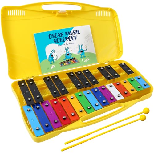 MINIARTIS Glockenspiel Xylophone | 25 Note Colorful Metal Keys Xylophone for Kids | Percussion Musical Instrument | Educational Music Toy Includes Music Songbook, Mallets and Yellow Carry Case - Image 1
