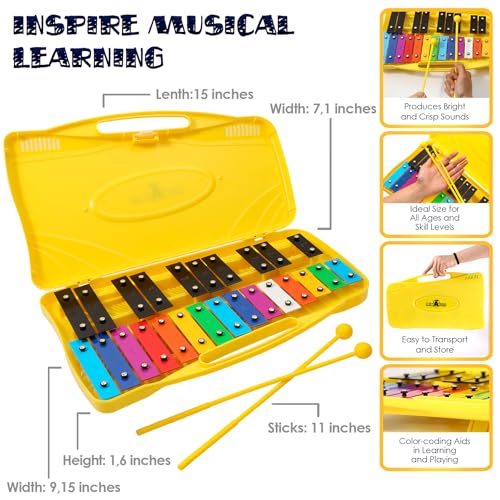MINIARTIS Glockenspiel Xylophone | 25 Note Colorful Metal Keys Xylophone for Kids | Percussion Musical Instrument | Educational Music Toy Includes Music Songbook, Mallets and Yellow Carry Case - Image 4
