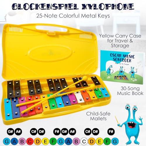 MINIARTIS Glockenspiel Xylophone | 25 Note Colorful Metal Keys Xylophone for Kids | Percussion Musical Instrument | Educational Music Toy Includes Music Songbook, Mallets and Yellow Carry Case - Image 2