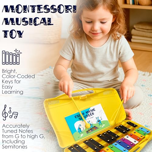 MINIARTIS Glockenspiel Xylophone | 25 Note Colorful Metal Keys Xylophone for Kids | Percussion Musical Instrument | Educational Music Toy Includes Music Songbook, Mallets and Yellow Carry Case - Image 3