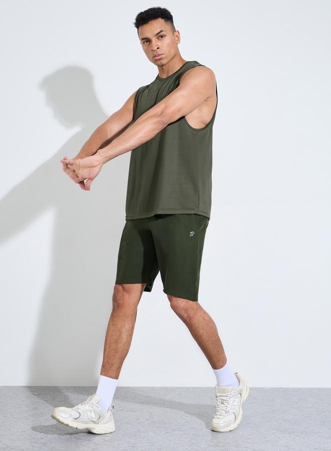 Styli Olive Solid Drawstring Running Shorts with Side Pockets - Image 2