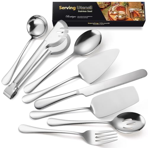 AARAINBOW Home Serving Utensils Set Large, 8 Pcs Stainless Steel Serving Utensils for Parties Buffet, Food Serving Utensils Steel Buffet Serving Utensils Large (Silvery) - Image 1
