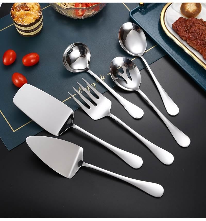 AARAINBOW Home Serving Utensils Set Large, 8 Pcs Stainless Steel Serving Utensils for Parties Buffet, Food Serving Utensils Steel Buffet Serving Utensils Large (Silvery) - Image 5