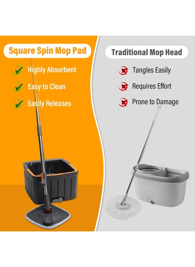 Spin Mop Set, Spin Mop and Bucket Set with Self-Separation Dirty and Clean Water, Height Adjustable, 2 Washable Microfiber Pads Included, Mop Set for Floors, Wall, Window Cleaning（Square） - Image 4