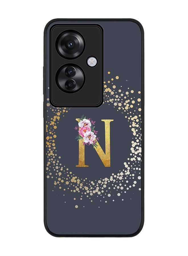 Stylizedd جراب بحافة سوداء متينة لهاتف Oppo Reno11 F / Oppo F25 Pro 5G، غطاء ناعم ملائم للجسم - حرف أولي أحادي مخصص بنمط زهور أبجدي - N (رمادي) - Image 1