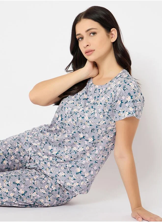 Clovia Clovia Floral Print Short Sleeve Top and Pyjama Set