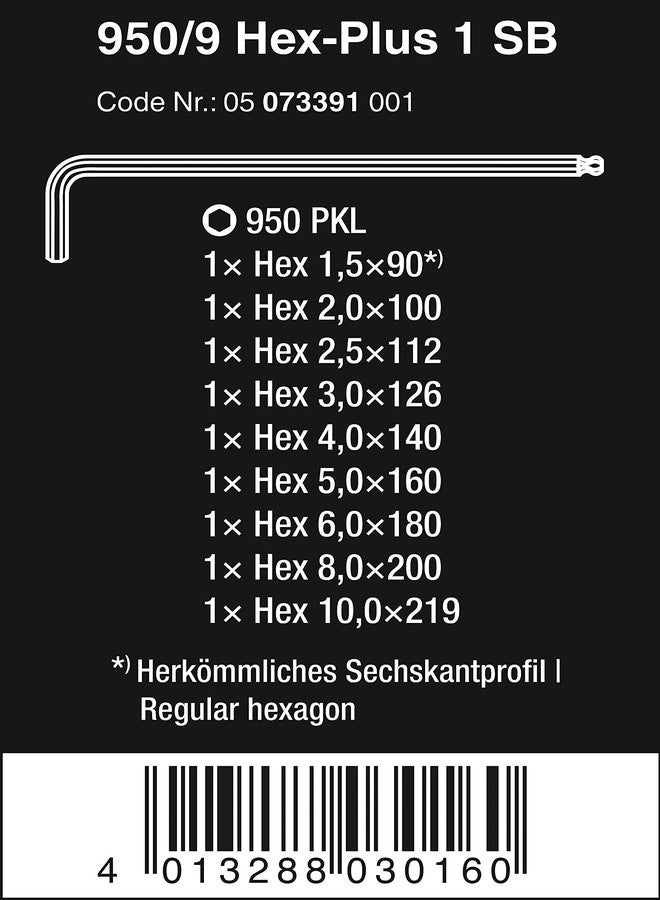 Wera Hexagon 950 Pkl/9 Sb L Key Set Blacklaser Ballpoint Hex Key, 9 Pieces - Image 2