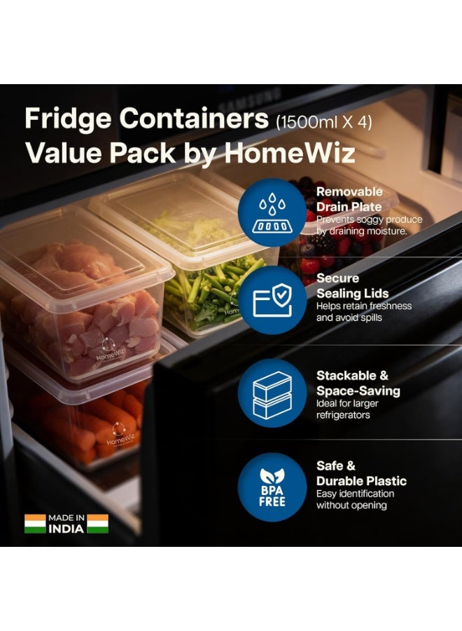 HomeWiz مجموعة حاويات تخزين للثلاجة من HomeWiz (سعة 1500 مل × 8 قطع) | حاويات محكمة الغلق مزودة بفاصل تصفية قابل للإزالة | صناديق تنظيم وتخزين للثلاجة | حاويات بلاستيكية آمنة غذائياً وقابلة للتكديس للفواكه والخضروات - Image 3
