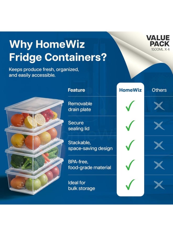 HomeWiz مجموعة حاويات تخزين للثلاجة من HomeWiz (سعة 1500 مل × 8 قطع) | حاويات محكمة الغلق مزودة بفاصل تصفية قابل للإزالة | صناديق تنظيم وتخزين للثلاجة | حاويات بلاستيكية آمنة غذائياً وقابلة للتكديس للفواكه والخضروات - Image 2