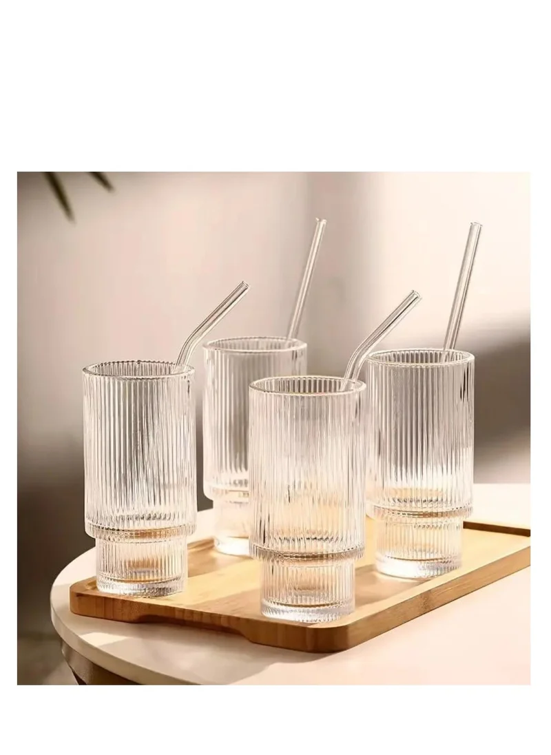 1Chase Ribbed Drinking Glasses with Glass Straws 450 ML (Set of 4)