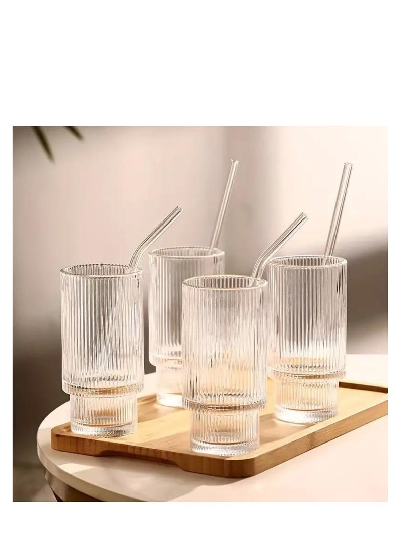 1Chase - Ribbed Drinking Glasses with Glass Straws 450 ML (Set of 4) - Image 1