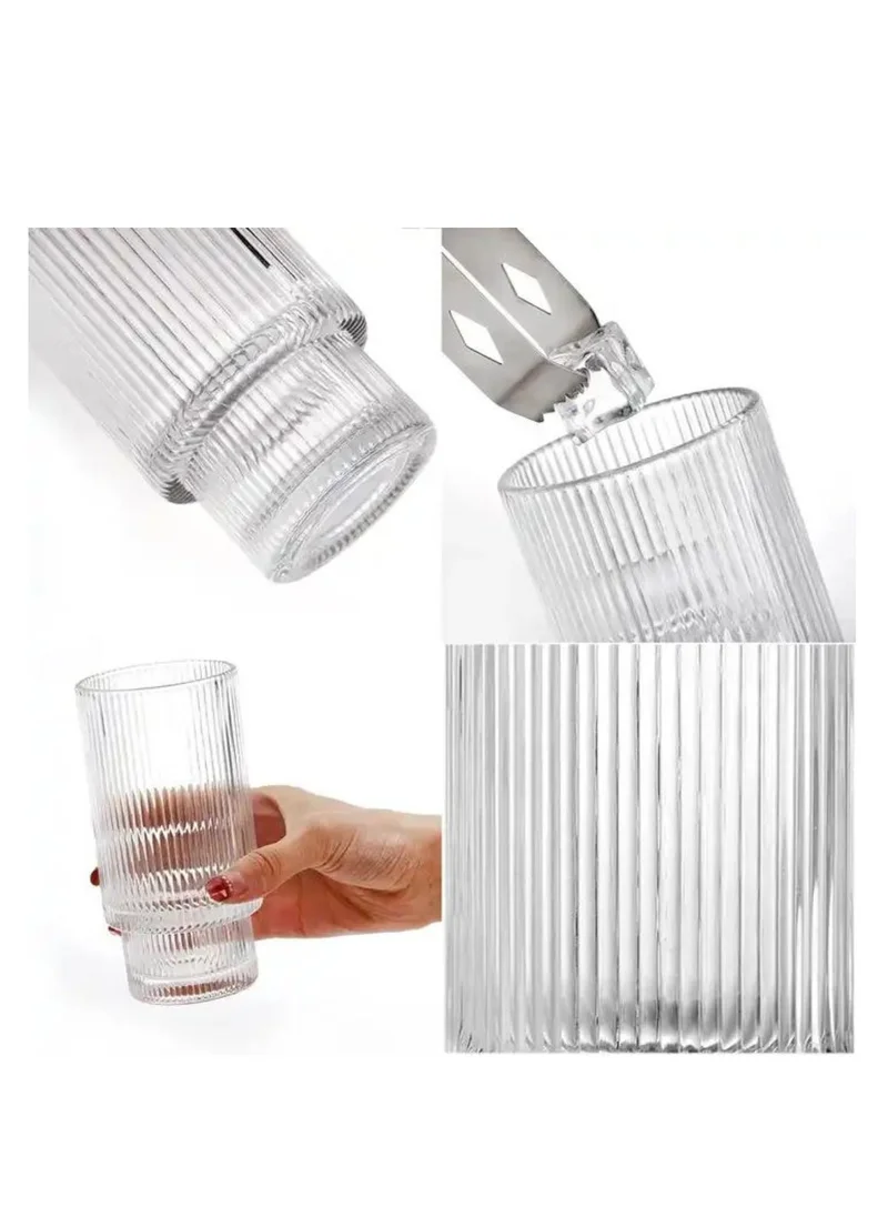 1Chase Ribbed Drinking Glasses with Glass Straws 450 ML (Set of 4)