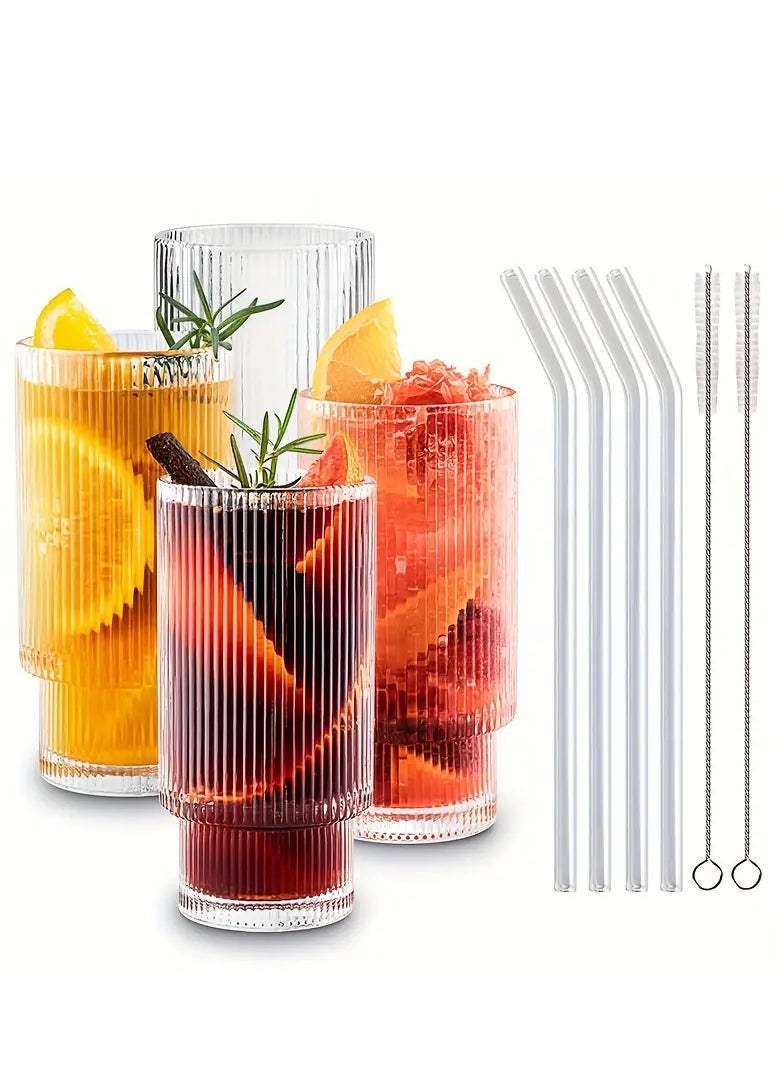 1Chase - Ribbed Drinking Glasses with Glass Straws 450 ML (Set of 4) - Image 1