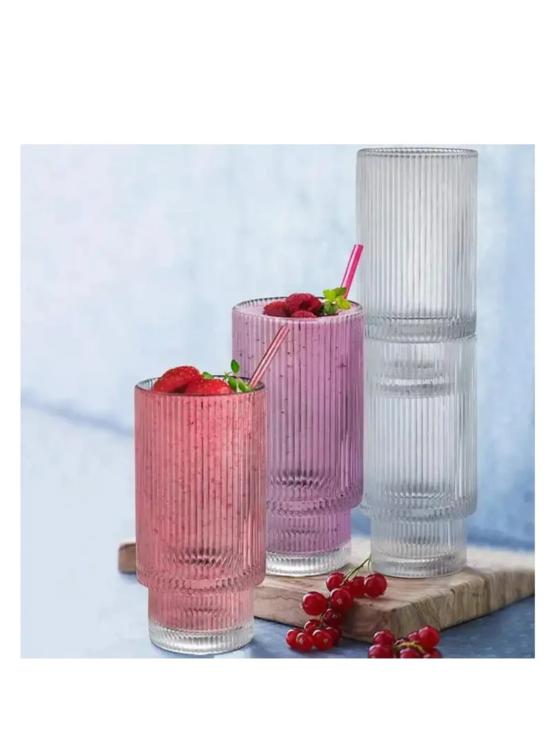 1Chase Ribbed Drinking Glasses with Glass Straws 450 ML (Set of 4)