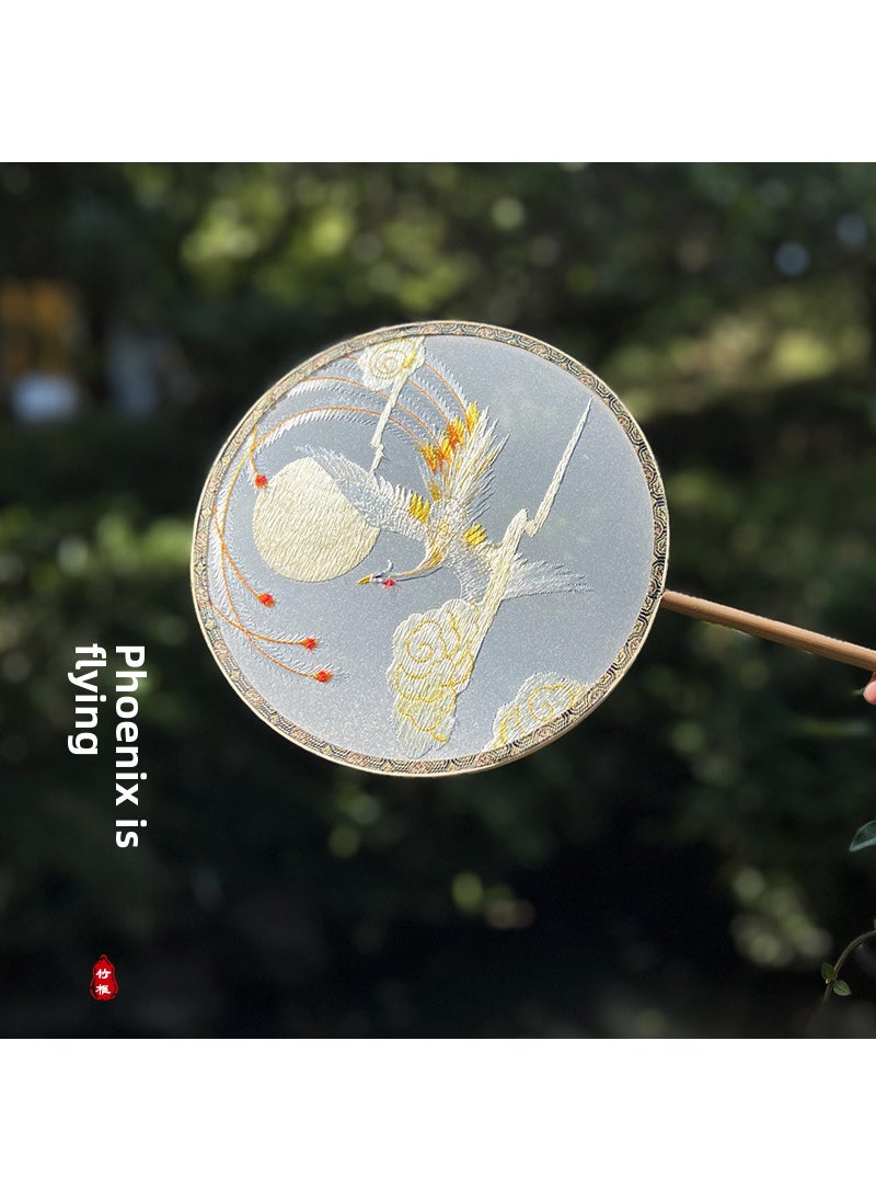 Generic - Embroidered Bamboo Silk Fan HandmadeBamboo Basket Embroidery-Circle-Phoenix Yu Fei Bamboo Basket Embroidery-Circle-Phoenix Yu Fei - Image 1