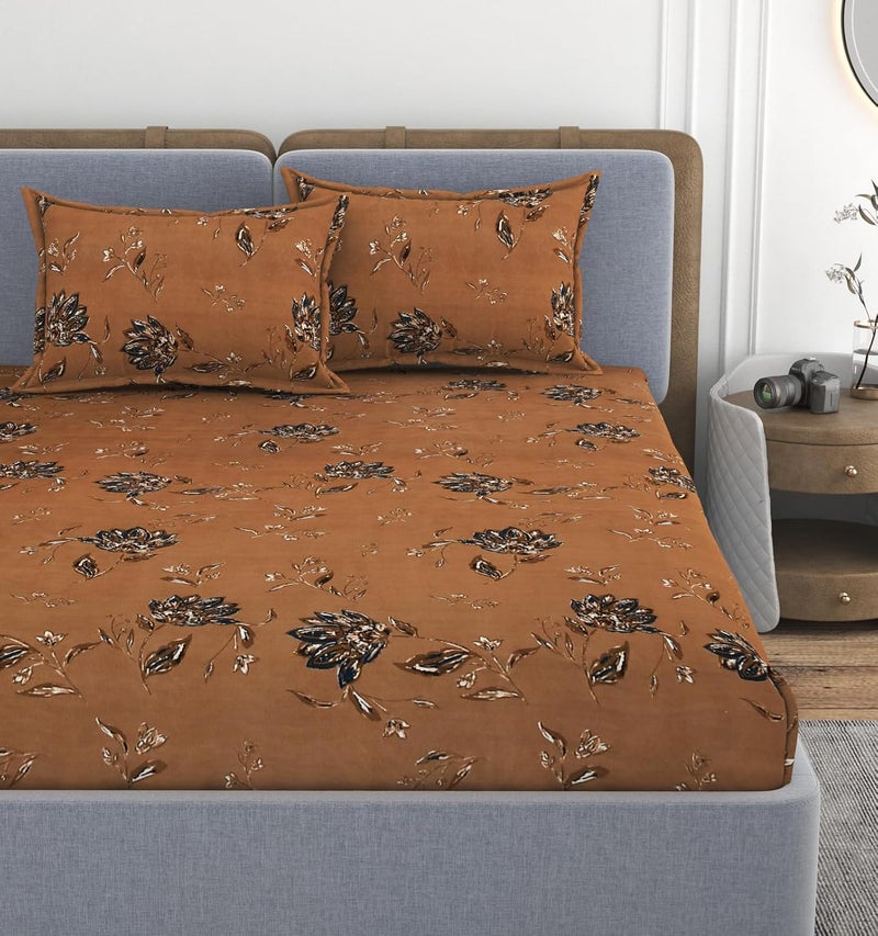 VOMZER 320 TC Cotton Feel All Around Elastic Fitted Bedsheets King Size, Premium Fitted Bedsheets King Size for Double Bed with 2 Pillow Covers, Size- 78” x 72” (Rust) - Image 1