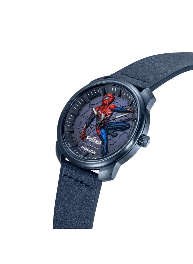 بوليس ساعة رجالية إصدار الأبطال الخارقين بقرص رمادي وحزام جلد أزرق 44 مم
