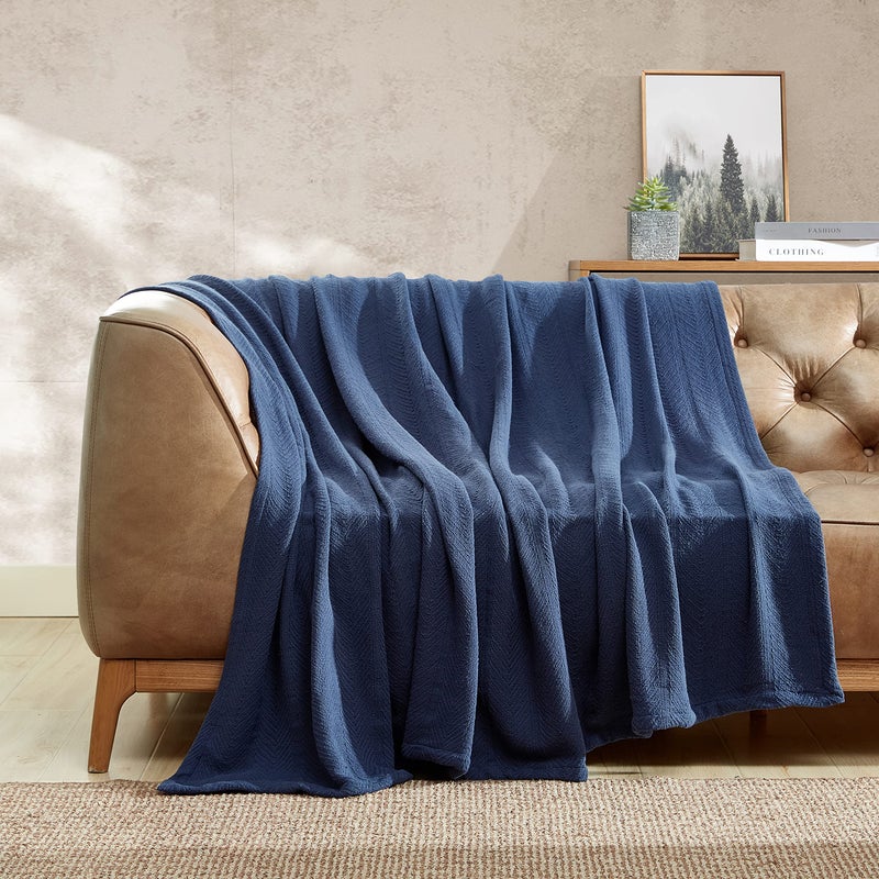 Eddie Bauer Eddie Bauer  Twin Blanket Lightweight Cotton Bedding Home Decor for All Seasons Herringbone Navy Twin 