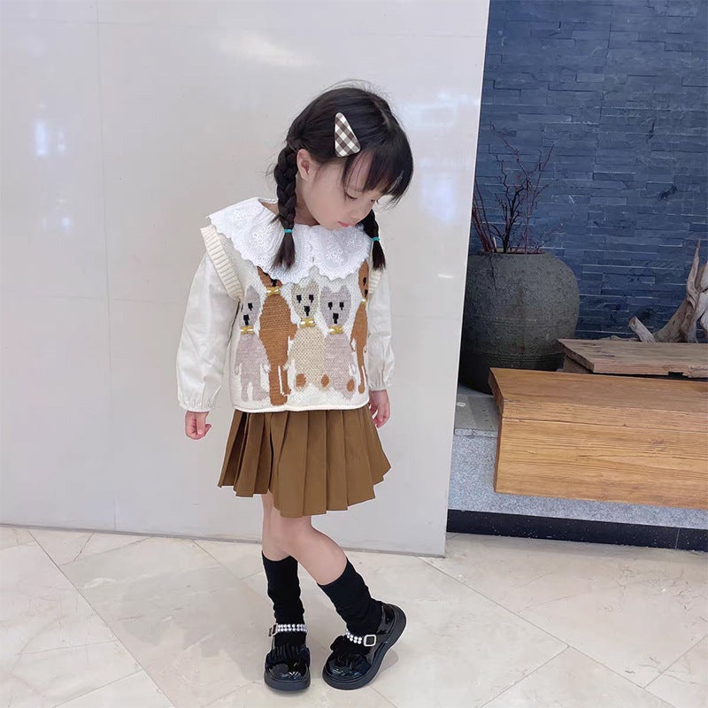 Kids Bear Vest Casual Set Autumn 2024 apricot Shirt