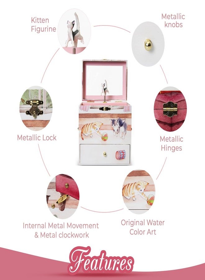 Enchantmints Curious Kittens Musical Jewelry Box Cat Spins to Ode to Joy 3 Pullout Drawers Treasure Storage - Image 4