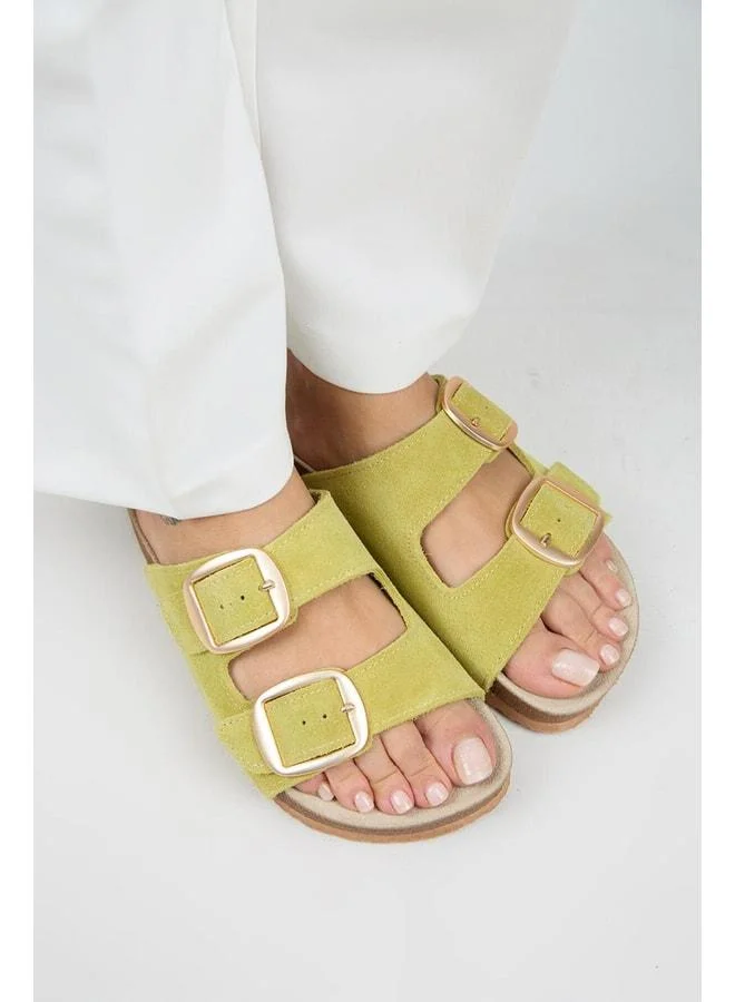 Manijero  Irene Genuine Leather Double Buckle Pistachio Green Slippers - Green for Women | Best Price UAE