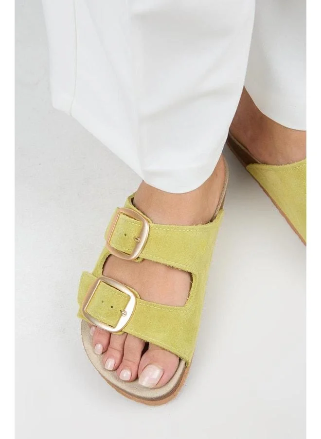 Irene Genuine Leather Double Buckle Pistachio Green Slippers - Green