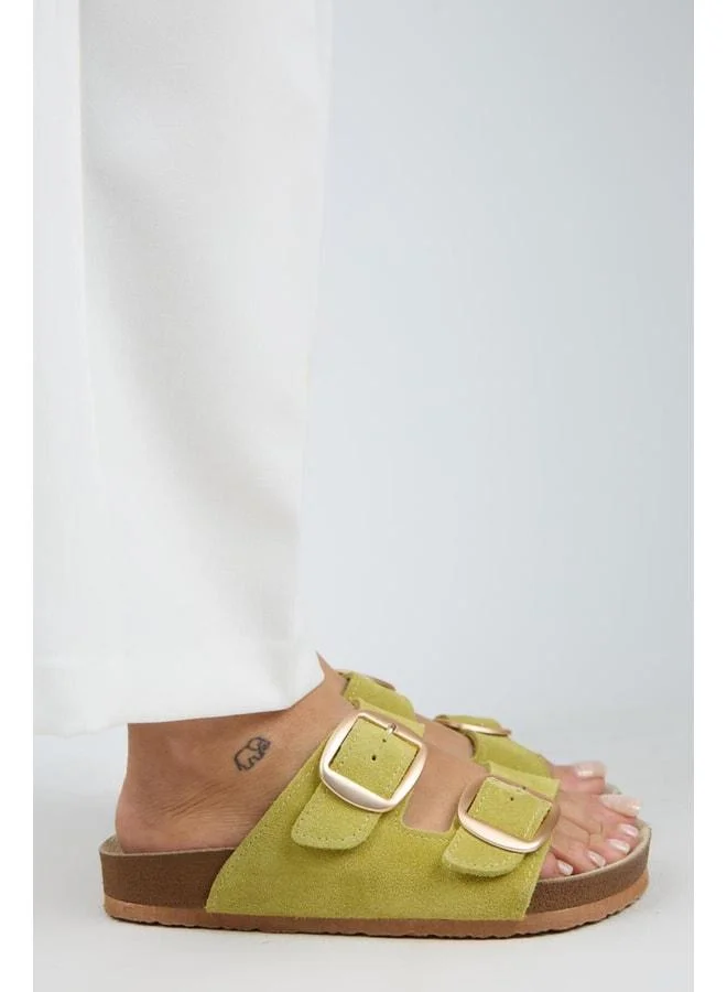 Manijero  Irene Genuine Leather Double Buckle Pistachio Green Slippers - Green for Women | Best Price UAE