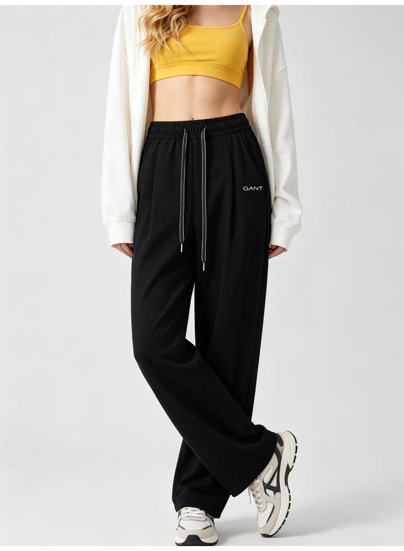 GANT Unisex Loose Wide Leg Casual Sweatpants, Elastic Waist Drawstring Trousers, Black - Image 5