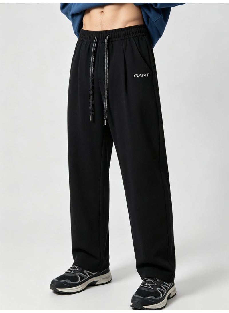 GANT Unisex Loose Wide Leg Casual Sweatpants, Elastic Waist Drawstring Trousers, Black - Image 1