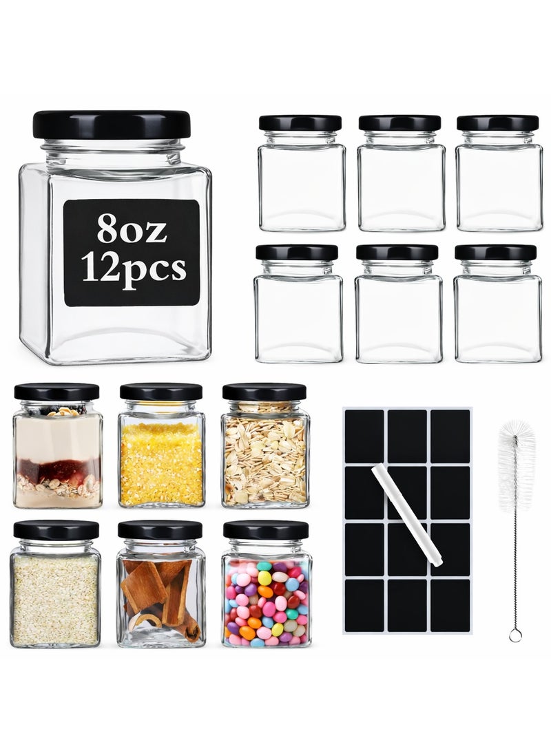 سكاي لينك عبوة من 12 برطمانًا زجاجيًا مربعًا سعة 8 أونصات بأغطية سوداء محكمة الغلق وملصقات وفرشاة تنظيف، برطمانات ماسون صغيرة للتوابل والمربى والعسل والمربى والهدايا التي يمكنك صنعها بنفسك وحفلات استقبال المولود وهدايا الزفاف - Image 1