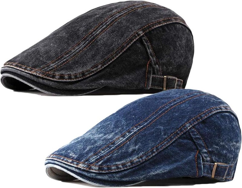 Qunson 2 Pack Mens Denim Cotton Newsboy Cap Ivy Gatsby Driving Hunting Cabbie Hats - Image 1