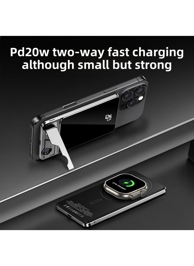 MagSafe With Bracket External Battery QI2 Wireless Magnetic Charging Treasure Ultra-thin Mobile Power Double Pop-up Window-Colour:Space Gray + Stand + Lanyard Data Cable + Double Pop-up Windows + Small Components + Magsafe External Battery-Power Supply Capacity:10000 Mah