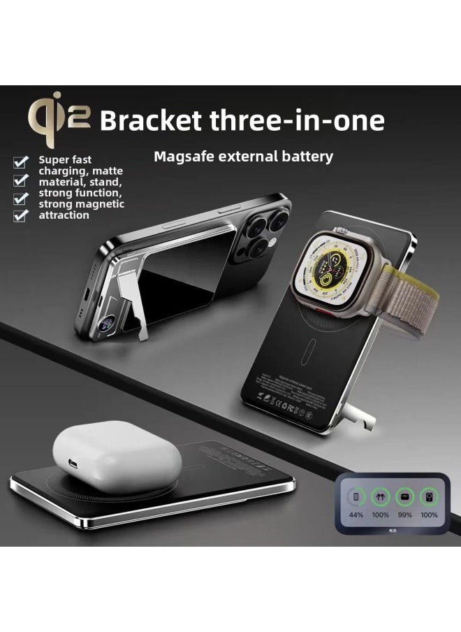 MagSafe With Bracket External Battery QI2 Wireless Magnetic Charging Treasure Ultra-thin Mobile Power Double Pop-up Window-Colour:Space Gray + Stand + Lanyard Data Cable + Double Pop-up Windows + Small Components + Magsafe External Battery-Power Supply Capacity:10000 Mah