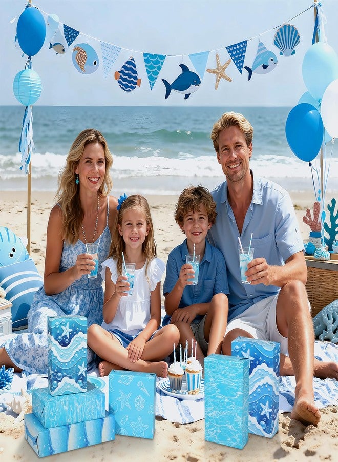 ورق تغليف هدايا Liobelon Ocean - 12 ورقة، ورق تغليف هدايا بتصميمات أصداف الشاطئ وأمواج المحيط الزرقاء، تصميمات ساحلية بحرية أنيقة لأعياد الميلاد وحفلات الصيف وحفلات الزفاف على الشاطئ، 19.7 × 27.6 بوصة. - Image 5