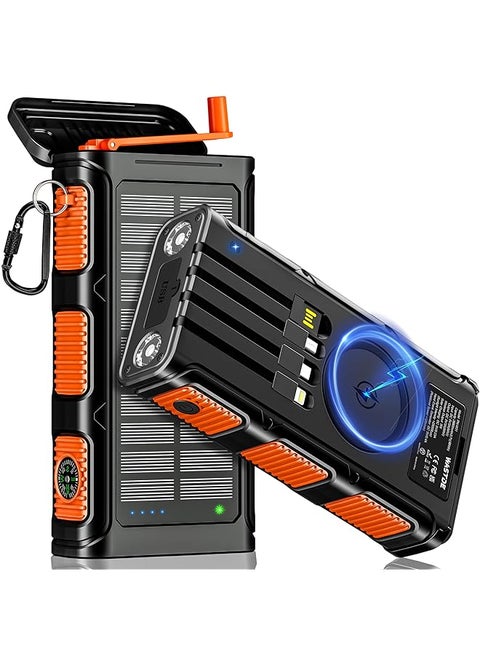 Solar Power Bank 26800Mah With Hand Crank And 4 Cables 15W Power Bank Usb C Fast Charging Wireless Solar Charger 7 Outputs And 4 Inputs Built In Dual Camping Flashlights Compass For Outdoors